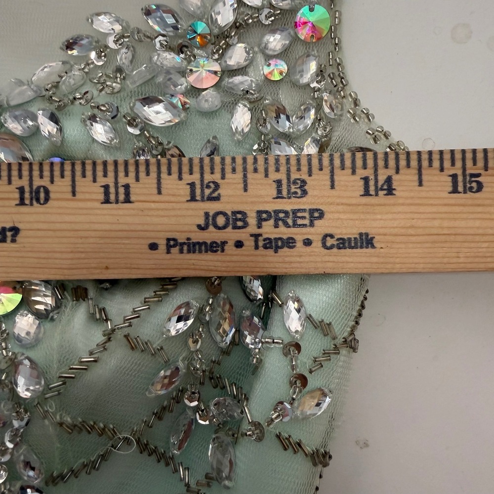 Clarisse Mint Beaded Homecoming Dress Size 2 Illusion Neck Rhinestone Fit Flare - Picture 13 of 14